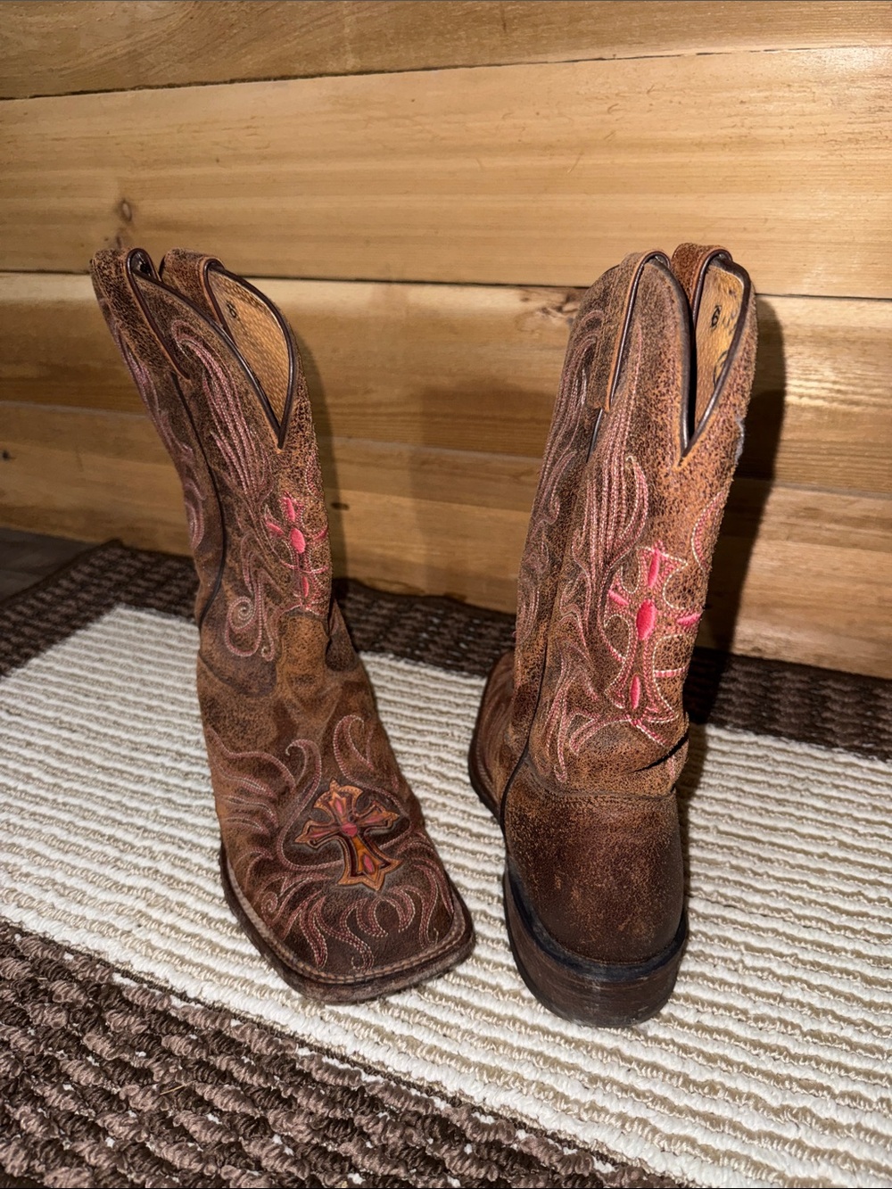 Tony Lama Brown Suede Western Boots with Pink Embroidery